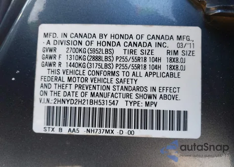 2011 Acura Mdx z USA, uszkodzony, nr VIN 2HNYD2H21BH531547